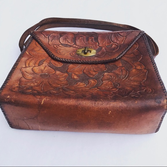 Vintage Tooled Leather Floral Filigree Hand Bag - Picture 3 of 7